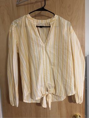Yellow Stripe Tie-Hem V-Neck Blouse